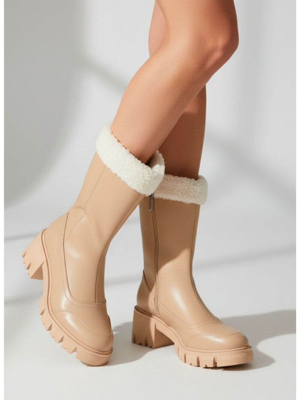 Chunky Sole Faux Leather Mid-Calf Boots With Shearling Trim Nude Color